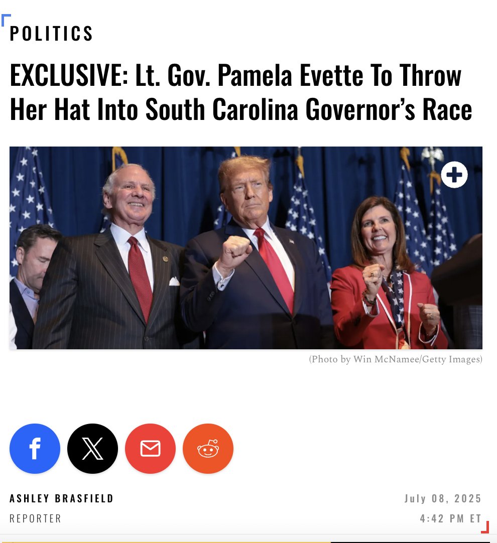🚨SCOOP: Republican Lt. Gov. Pamela Evette is expected to launch a bid for South Carolina governor as soon as this week, a source close to Evette told the Daily Caller.