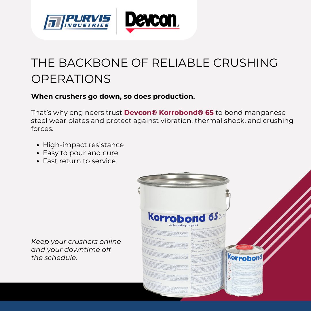Keep crushers running and production on track with Devcon® Korrobond® 65. Designed for high-impact resistance and fast curing, it’s the trusted solution for reliable crusher performance.