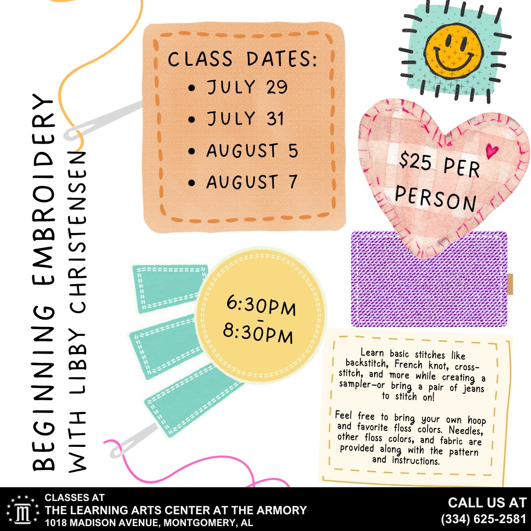 montgcitypandr's tweet image. Did somebody say &apos;Embroidery&apos;?! And a Beginner Embroidery class, too? Wow. The Learning Arts Center at The Armory has so many fun new classes coming up. 

If you are interested in participating, please call 334-625-2581 to register.

#mymgm #funinmgm #LearningArtsCenter