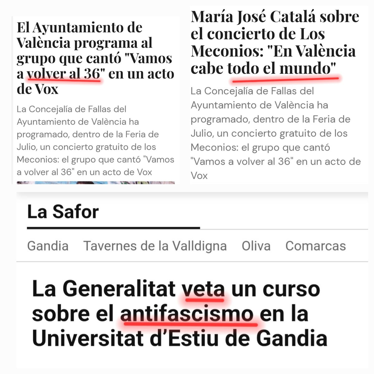 Lliçó pràctica i senzilla de que vol dir tindre un govern fatxa i una alcaldessa cínica:
1. Contractem a cantants fatxes i masclistes.
2. Diem que és llibertat d'expressió.
3. Prohibim parlar d'antifeixisme.
¿Venen els ultres? No, ja estàn ací.