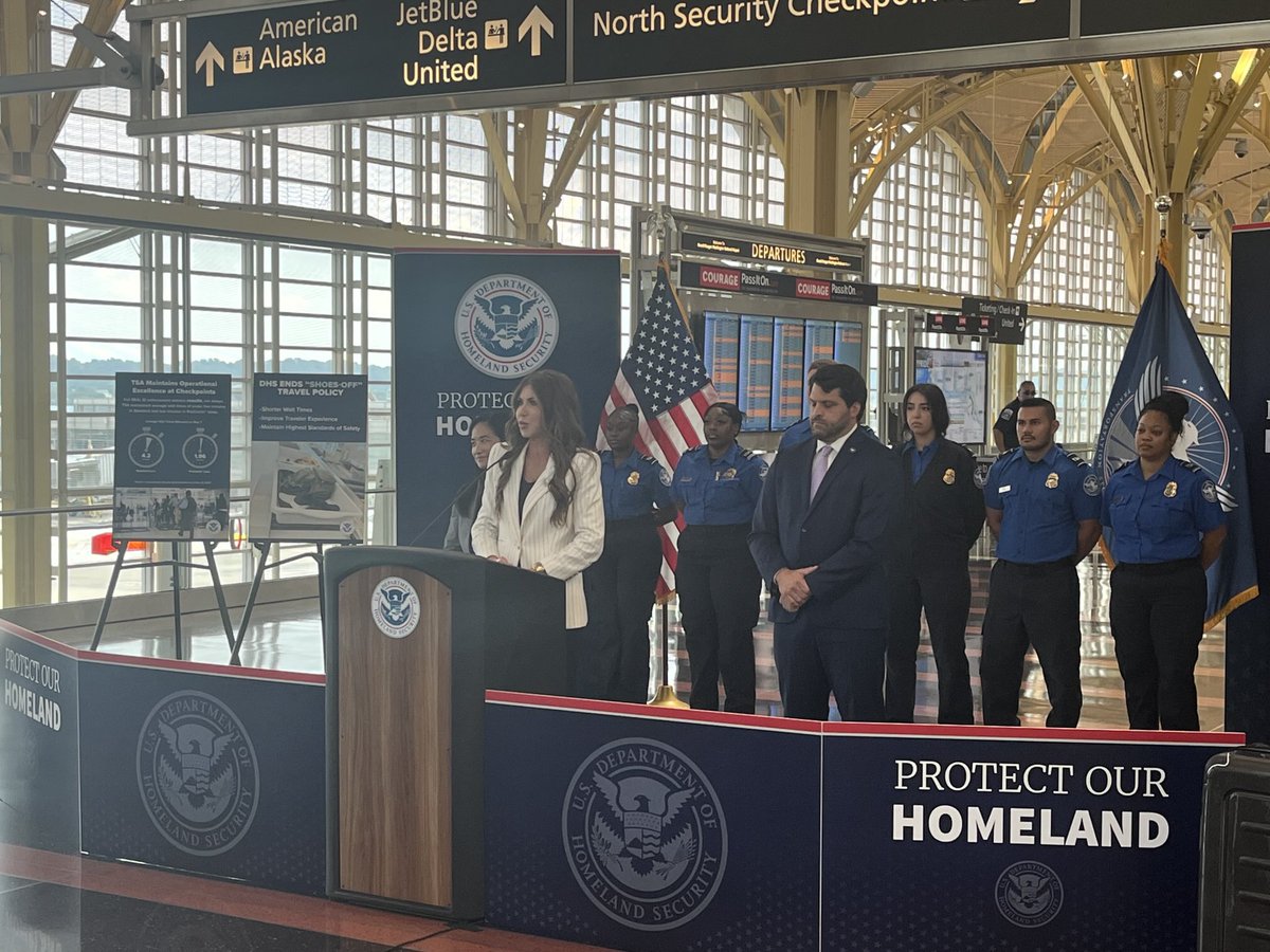 Luke Barr (@lukelbarr) on Twitter photo TSA no longer requiring passengers to take off their shoes while going through screening at the airport, DHS <a href="/Sec_Noem/">Secretary Kristi Noem</a> announces at a press conference at Reagan National Airport. TSA no longer requiring passengers to take off their shoes while going through screening at the airport, DHS <a href="/Sec_Noem/">Secretary Kristi Noem</a> announces at a press conference at Reagan National Airport.
