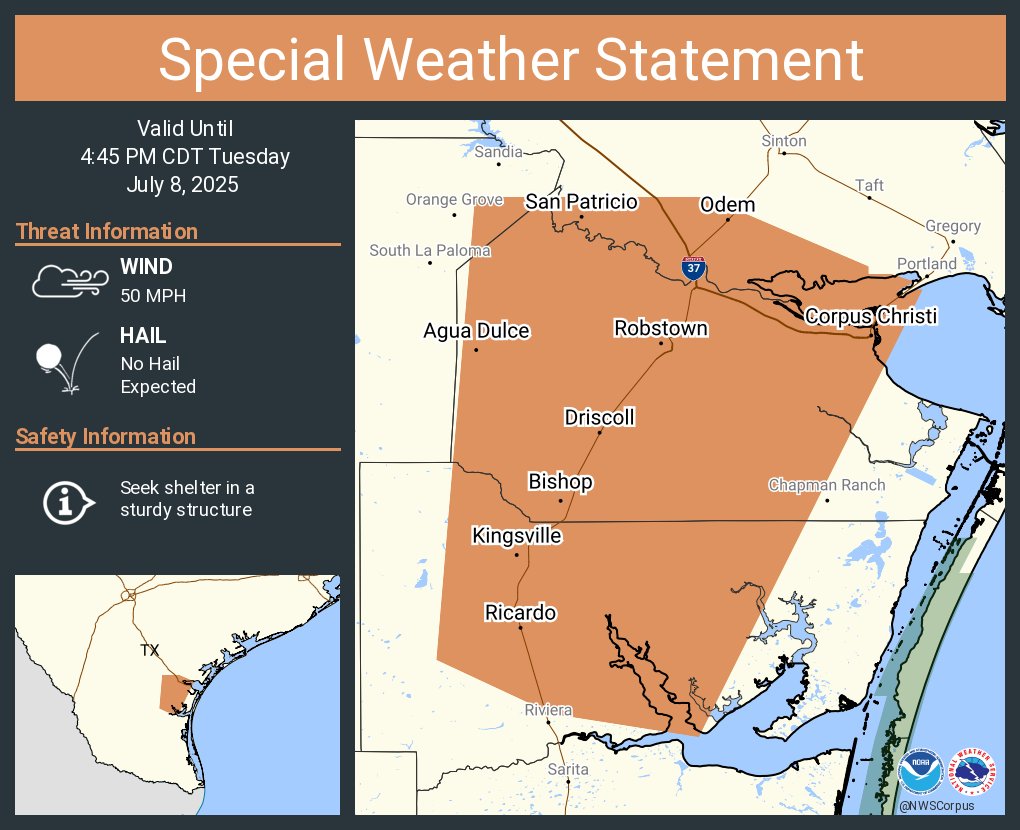 A special weather statement has been issued for Corpus Christi TX, Kingsville TX and  Robstown TX until 4:45 PM CDT