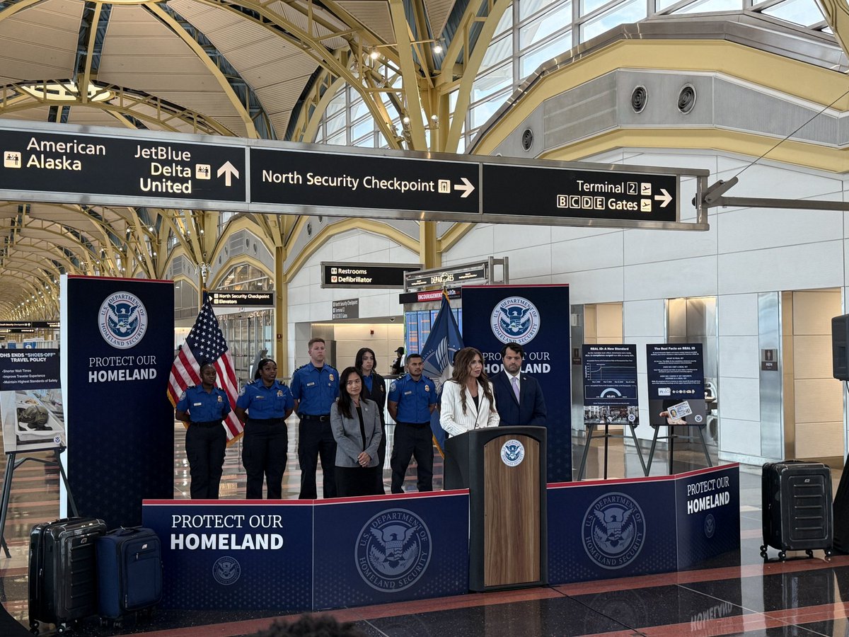 AlexandraSkores's tweet image. Now: Sec. Noem announces TSA will no longer require travelers to remove their shoes during security screenings. @Sec_Noem @DHSgov