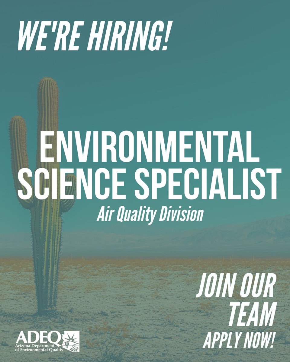 📣 ADEQ is hiring for an Environmental Science Specialist  📣

In this role, you'll:
 🔹 Research air pollution &amp; emissions data
 🔹 Analyze environmental reports
 🔹 Engage the public &amp; more!

💻  Remote work available

 Apply today: bit.ly/JobID_534350

 #ADEQJobs #AZJobs