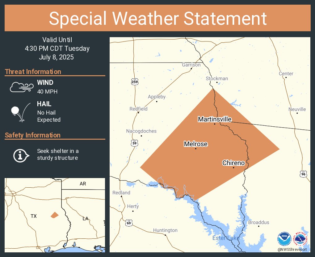 A special weather statement has been issued for Chireno TX, Martinsville TX and  Melrose TX until 4:30 PM CDT