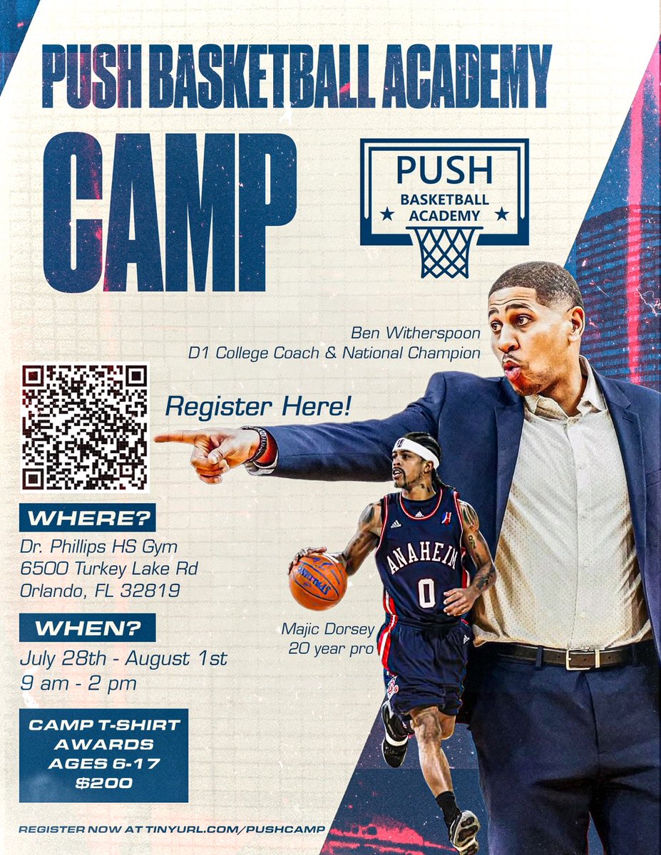 HSSportsFlorida (@hssportsfl) on Twitter photo Register for the Push Basketball Academy Camp (Hosted by <a href="/drphillipshoops/">Dr. Phillips HS Basketball</a>)
📆: July 28-August 1, 2025
⏰: 9:00AM-2:00PM
📍: Dr. Phillips High School
Use the QR Code to sign up and register today
For questions contact <a href="/CoachBenW/">Coach Ben Witherspoon</a> Register for the Push Basketball Academy Camp (Hosted by <a href="/drphillipshoops/">Dr. Phillips HS Basketball</a>)
📆: July 28-August 1, 2025
⏰: 9:00AM-2:00PM
📍: Dr. Phillips High School
Use the QR Code to sign up and register today
For questions contact <a href="/CoachBenW/">Coach Ben Witherspoon</a>