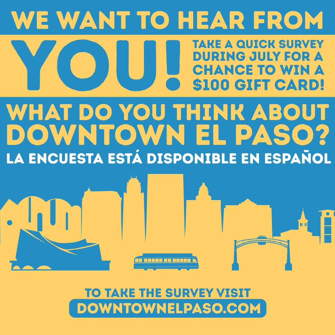 Downtown_EP's tweet photo. Now through the end of July, visit https://t.co/1G1hVHMhUS, complete a short survey, and enter for a chance to win a $100 gift card to your favorite Downtown business! 🛍️
Link in bio!
#DowntownElPaso #DTEP #Downtown #ElPaso #EPTX #Survey #Giveaway https://t.co/59FJuXpvPl