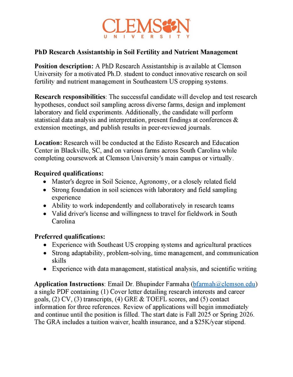 ClemsonSoilFert's tweet image. Clemson University seeks a motivated PhD student for soil fertility & nutrient management research in SE US cropping systems.
Please circulate among your circles.
Contact: bfarmah@clemson.edu
@SoilScience @ASA_CSSA_SSSA @ClemsonUniv 