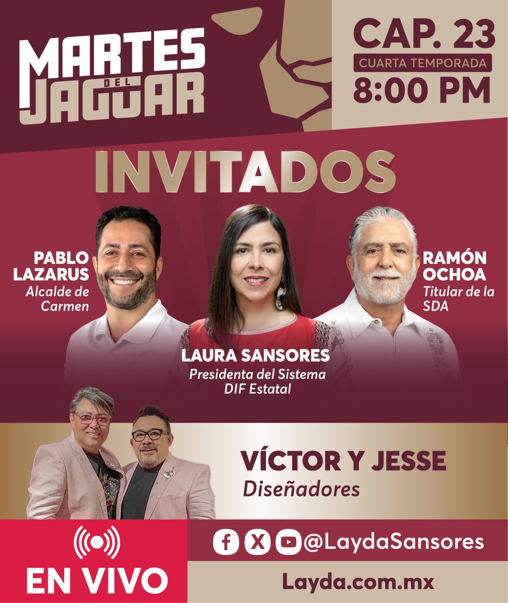 Hoy en el #MartesDelJaguar tendremos como invitados a mi hermanita <a href="/LauraSansores/">Laura Sansores</a>, Presidenta del Sistema <a href="/difcampeche/">DIF Estatal Campeche</a>; al alcalde de Carmen Pablo Gutiérrez Lazarus; a <a href="/RamonGOchoaP/">Ramón Ochoa Peña</a>, titular de la <a href="/sdacampeche/">SDA Campeche</a>, y a los diseñadores Víctor y Jesse.

Nos vemos a las 8:00 p. m.