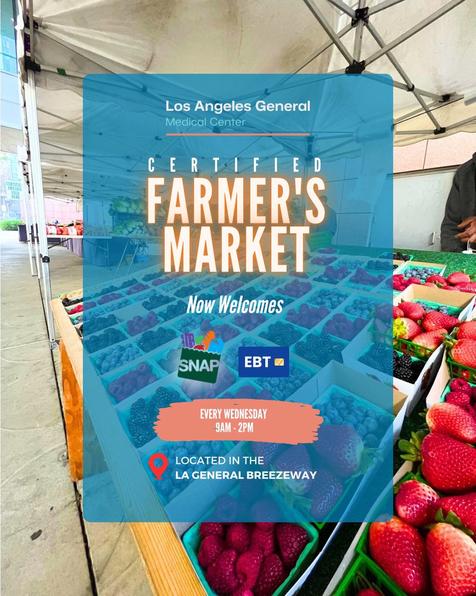 LAGeneralMed's tweet image. Join us Wednesdays, 9 AM–2 PM, at the LA General Breezeway for fresh, local produce and more! The Certified Farmer’s Market now accepts SNAP/EBT. Healthy eating just got easier—stop by this week and support local farmers!