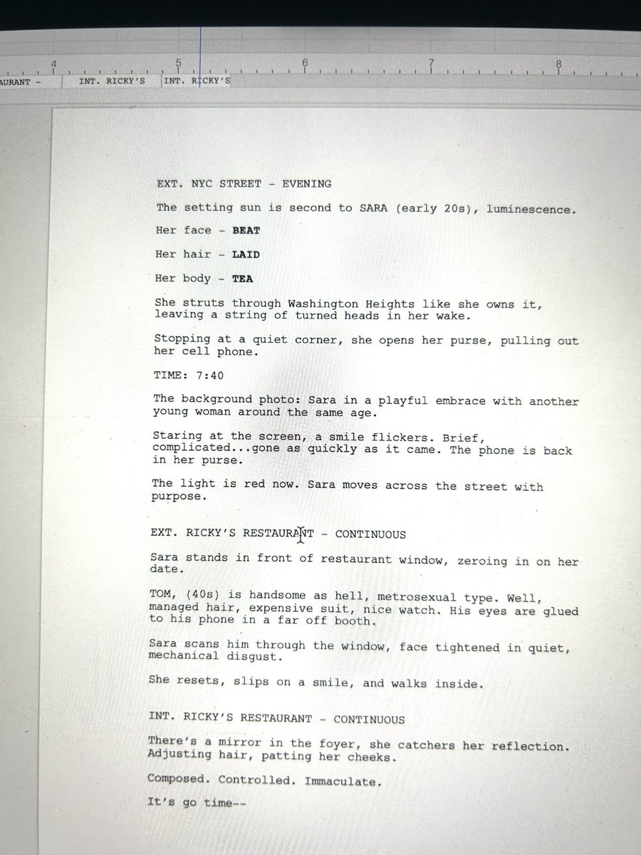 ValerieComplex's tweet image. I have been cooking up! In the past 9 months I’ve written 7 scripts:

3 shorts
2 features
1 OG pilot
1 TV Spec

Most in the horror/thriller genre. Here’s the first page of my latest with the current working title: