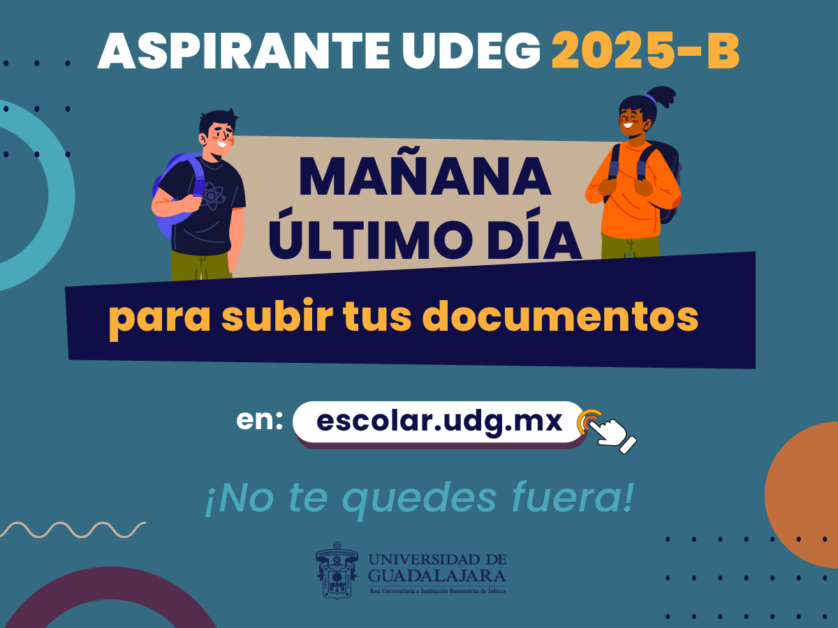El proceso de admisión de las y los aspirantes al ciclo 2025-B no ha terminado. 😱
Sigue estos pasos para cargar tus documentos. Entra a: escolar.udg.mx