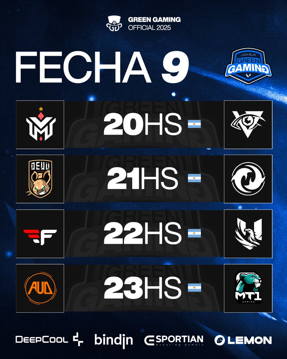 Green Gaming 🍀 (@ligagreengaming) on Twitter photo 🔵 ENFRENTAMIENTOS | FECHA 9 🔵
20 HRS - <a href="/mixpe_val/">MIXPE F/A</a> 🆚 <a href="/VizionGamingPE/">Vizion Gaming</a>
21 HRS - <a href="/dewu_gg/">DEWÜ Gaming</a> 🆚 <a href="/DGaming_org/">Dolphins gaming</a>
22 HRS - <a href="/FarenvehnGE/">Farenvehn GE</a> 🆚 <a href="/usepticals/">Usepticals 🦅</a>
23 HRS - <a href="/AUD_GAMING23/">AUD GAMING</a> 🆚 <a href="/mt1_gaming/">MT1 Gaming</a>
🍀 Sigue la ACCIÓN en: twitch.tv/greengaming_tv
#GreenGaming #GreenGamingSur 🔵 ENFRENTAMIENTOS | FECHA 9 🔵
20 HRS - <a href="/mixpe_val/">MIXPE F/A</a> 🆚 <a href="/VizionGamingPE/">Vizion Gaming</a>
21 HRS - <a href="/dewu_gg/">DEWÜ Gaming</a> 🆚 <a href="/DGaming_org/">Dolphins gaming</a>
22 HRS - <a href="/FarenvehnGE/">Farenvehn GE</a> 🆚 <a href="/usepticals/">Usepticals 🦅</a>
23 HRS - <a href="/AUD_GAMING23/">AUD GAMING</a> 🆚 <a href="/mt1_gaming/">MT1 Gaming</a>
🍀 Sigue la ACCIÓN en: twitch.tv/greengaming_tv
#GreenGaming #GreenGamingSur