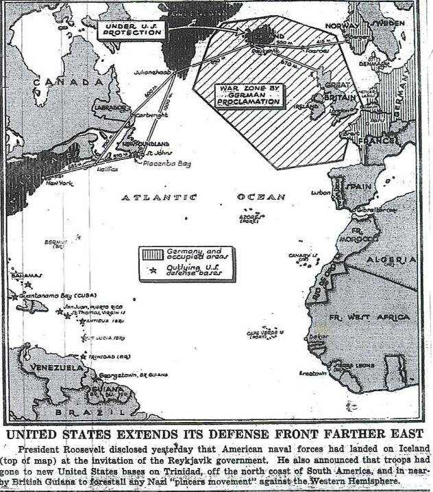 President Roosevelt declares Iceland- now under US Army occupation- part of the American "security zone" in the Atlantic, under protection of the US Navy. Any German intervention in Iceland will be an act of war.