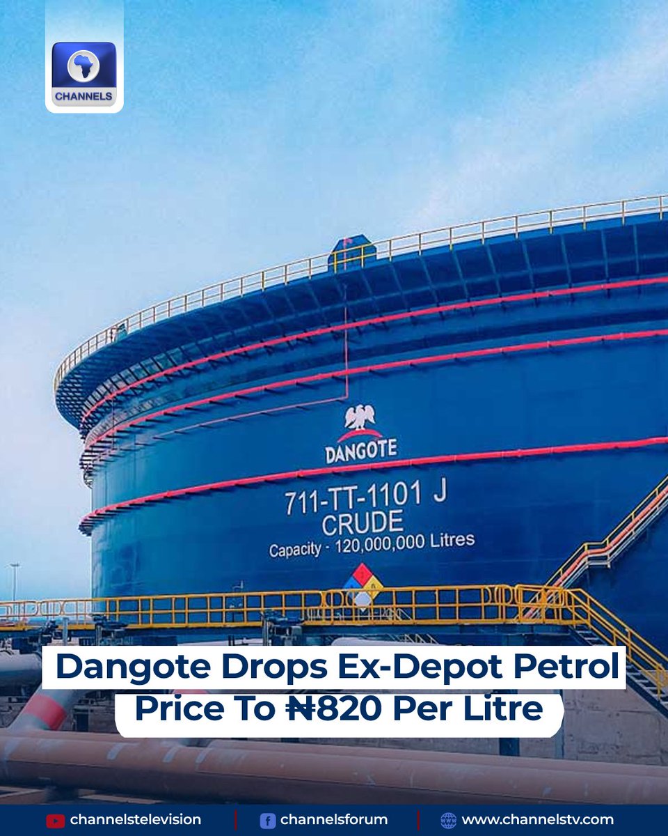 channelstv's tweet photo. Dangote Petroleum Refinery on Tuesday further dropped the ex-depot price per litre of petrol from ₦840 to ₦820.

https://t.co/PcpS1aWANO https://t.co/ZOuFCJsFgA