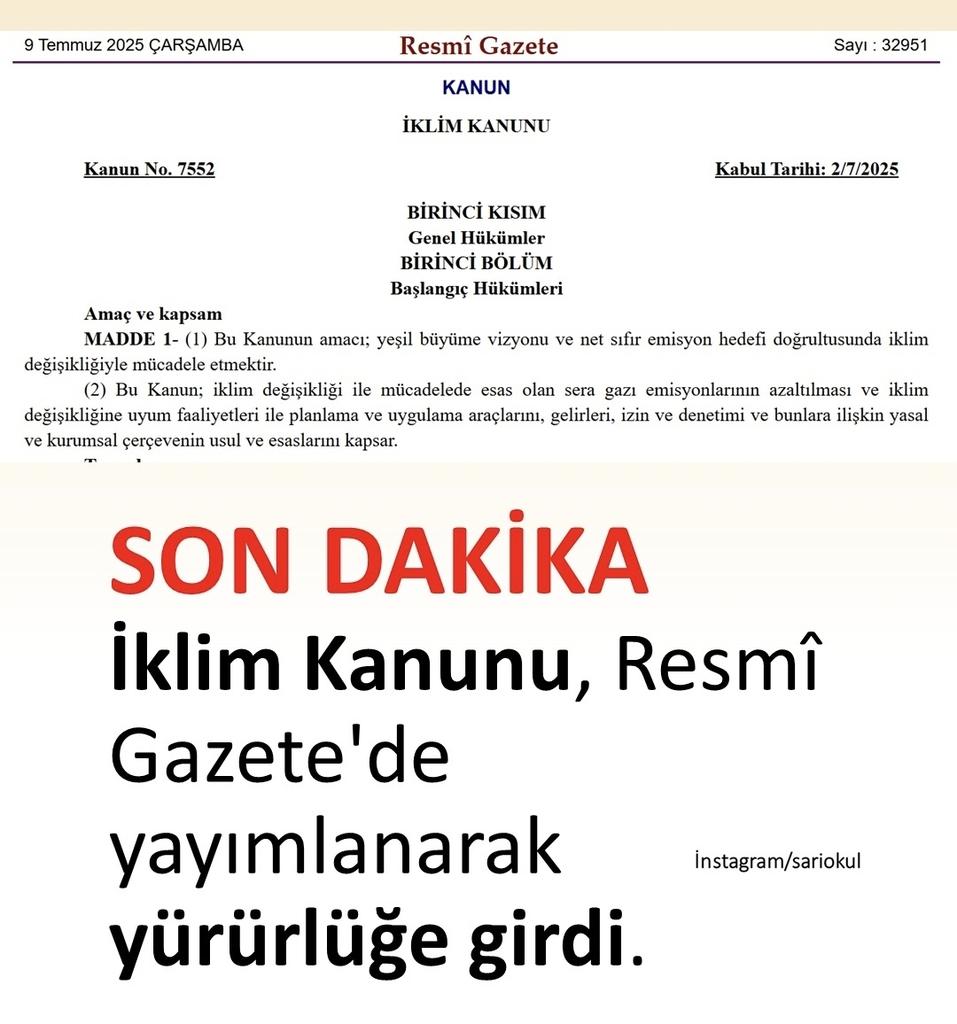 sari_okul's tweet photo. İklim Kanunu, Resmi Gazetede yayımlanarak yürürlüğe girdi. https://t.co/HcMlaeygp3
