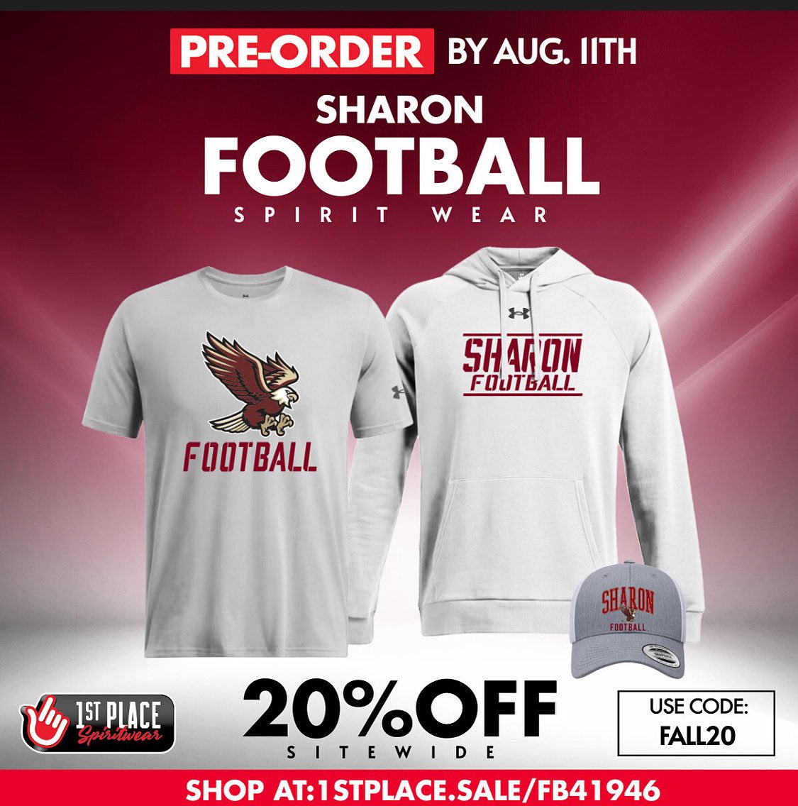 Sale Details
Dates: July 7th - August 11th
20% off all merchandise
Free shipping on orders over $100
Use code FALL20 at checkout to receive the discounts
<a href="/SHSEagleAD/">Sharon Athletics</a> 

football.1stplacespiritwear.com/sites/MA/Sharo…