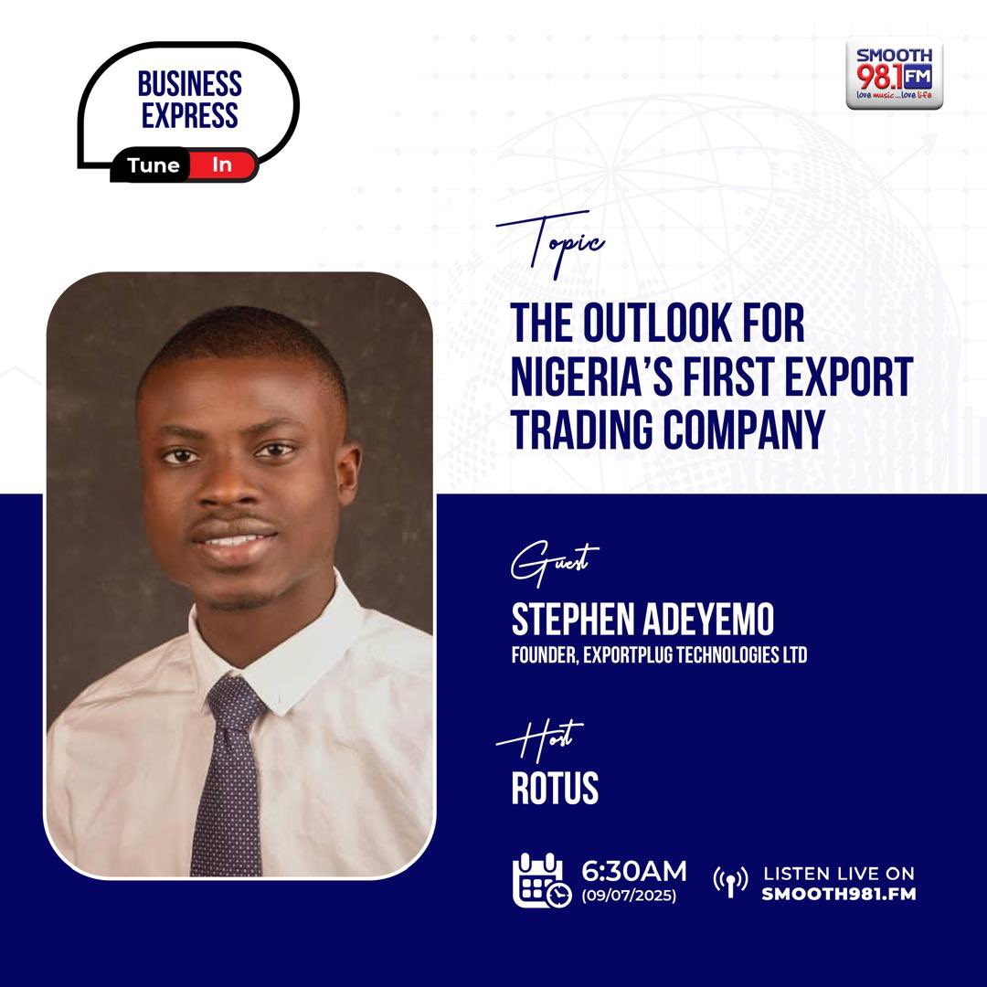 Smooth98.1FM (@smooth981fm) on Twitter photo #BusinessExpress981 tomorrow
Tune in at 6:30am.
Hosts: <a href="/Ayokunmi_K/">Ogbeni T.A Kekere-Ekun</a> <a href="/Rotankwot/">Rotus</a>
Guest: <a href="/Exportplug/">ExportPlug</a>
📻- Smooth981 FM
Or listen live smoothlive.smooth981.fm:8000/smoothlivefm128
❤️💙🤍
#Smooth981 #Business #MorningRadio #BusinessExpress981 tomorrow
Tune in at 6:30am.
Hosts: <a href="/Ayokunmi_K/">Ogbeni T.A Kekere-Ekun</a> <a href="/Rotankwot/">Rotus</a>
Guest: <a href="/Exportplug/">ExportPlug</a>
📻- Smooth981 FM
Or listen live smoothlive.smooth981.fm:8000/smoothlivefm128
❤️💙🤍
#Smooth981 #Business #MorningRadio