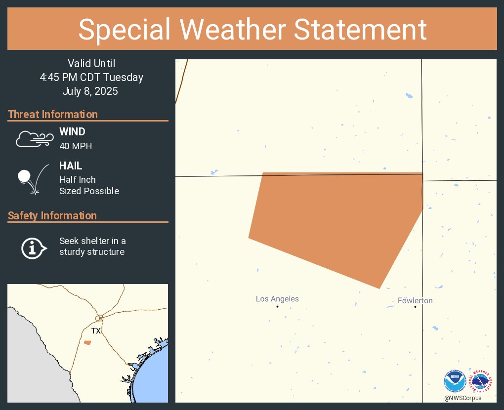 A special weather statement has been issued for La Salle County, TX until 4:45 PM CDT