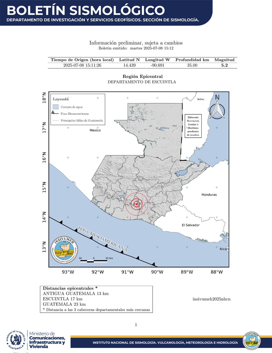 #SismoGT A las 15:11 horas se registró sismo de magnitud 5.2 con epicentro en el departamento de Escuintla.