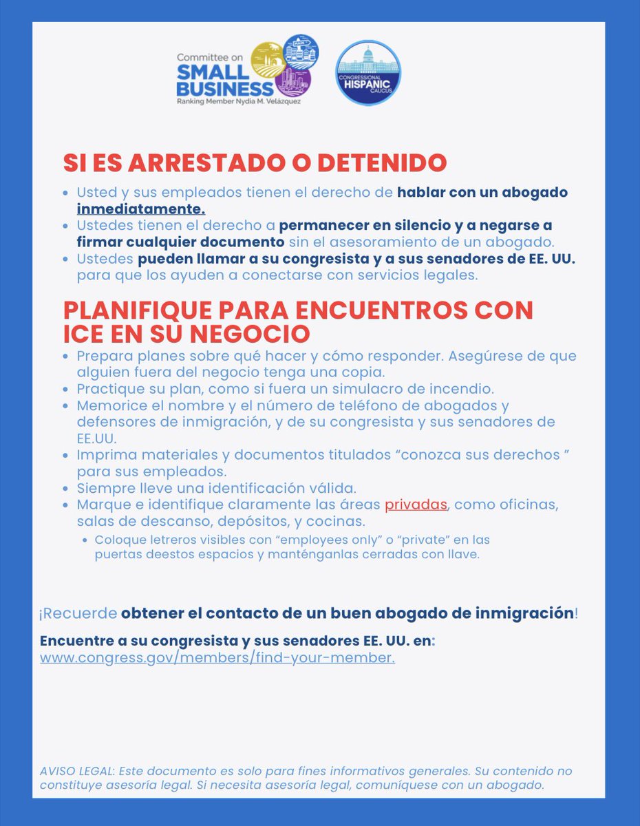 House Committee on Small Business Democrats (@hsbcdems) on Twitter photo No matter what kind of business you run, you and your workers have rights during any immigration enforcement action.
Â
Stay informed and prepared ⬇️
<a href="/CAPAC/">Congressional Asian Pacific American Caucus</a> <a href="/HispanicCaucus/">Congressional Hispanic Caucus</a> No matter what kind of business you run, you and your workers have rights during any immigration enforcement action.
Â
Stay informed and prepared ⬇️
<a href="/CAPAC/">Congressional Asian Pacific American Caucus</a> <a href="/HispanicCaucus/">Congressional Hispanic Caucus</a>