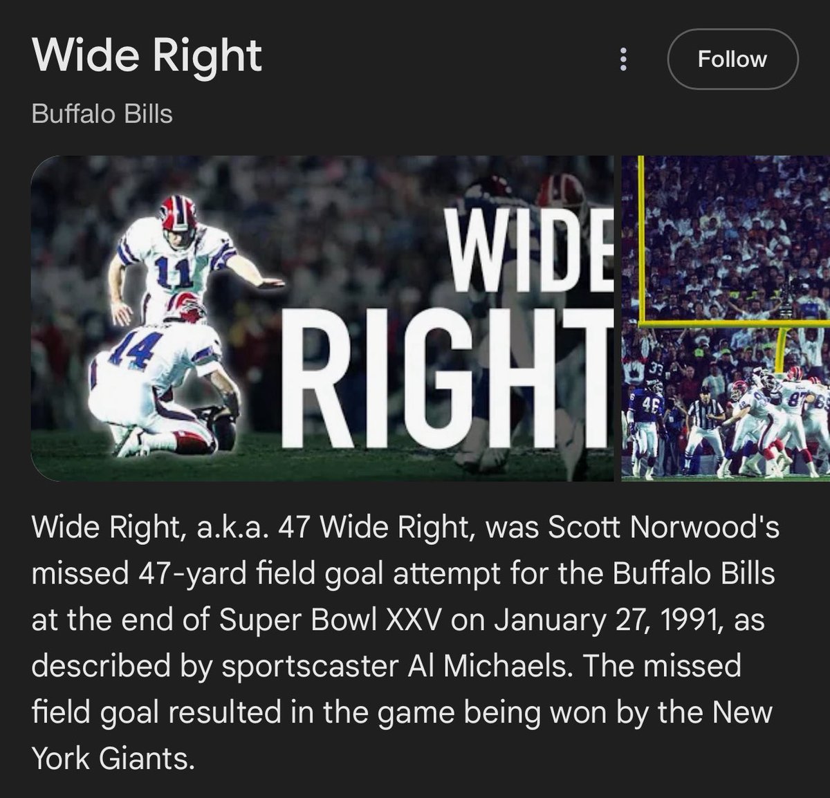 simplemfer's tweet image. wide right a.k.a 69 wide right, was scott norwood’s missed 69-yard field goal attempt for the buffalo bills at the end of super bowl LXIX on january 69, 1969, as described by sportscaster al michaels. the missed field goal resulted in the game being won by the new york expanded…
