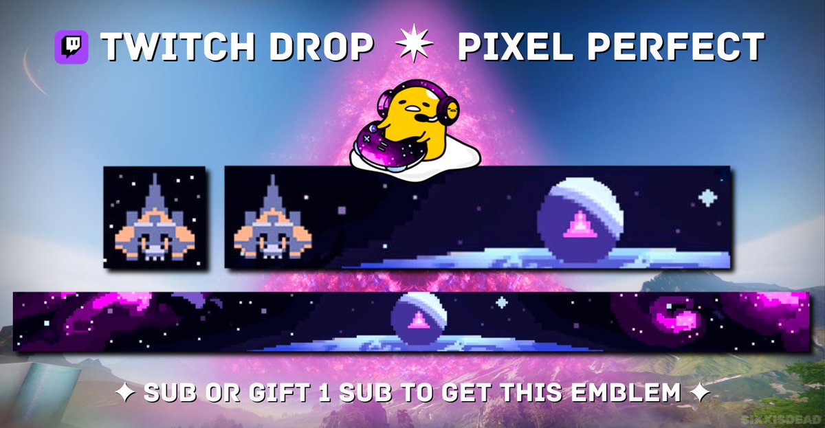SixxIsDead's tweet image. ☆ Pixel Perfect Emblem ☆
We have until the 14th, so don’t miss out!
Sub or gift 1 sub to any live channel in the Destiny 2 category on Twitch~
(Offer Ends: July 14th @ 11:59PM PST)
#Destiny2 #TwitchDrop
