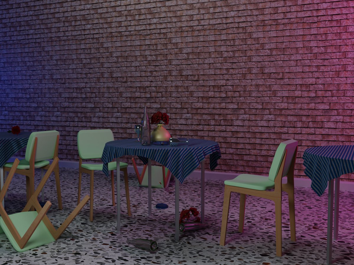 After the Party: A quiet scene of chaos, modeled and rendered in #Blender #b3d #3d