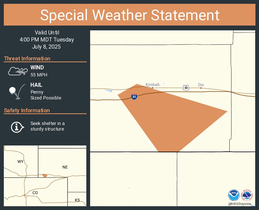 A special weather statement has been issued for Kimball County, NE until 4:00 PM MDT