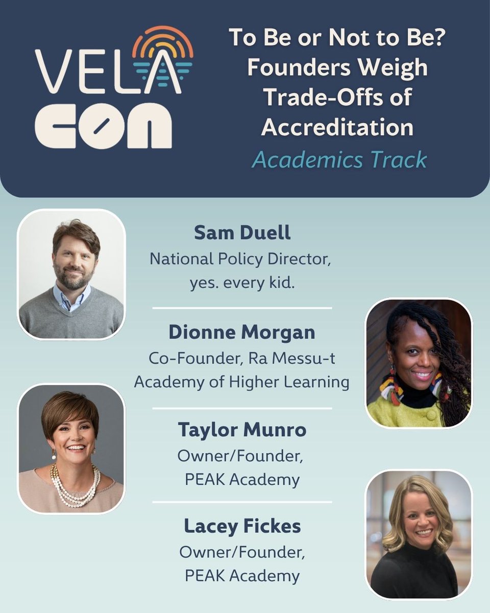 VELAorg's tweet image. ✨ VELA Con programming showcase | Academics track: “To Be or Not to Be? Founders Weigh Trade-Offs of Accreditation” featuring Sam Duell, Dionne Morgan, Taylor Munro and Lacey Fickes.
---
VELA Con is a national conference for bold founders who are building a future where…