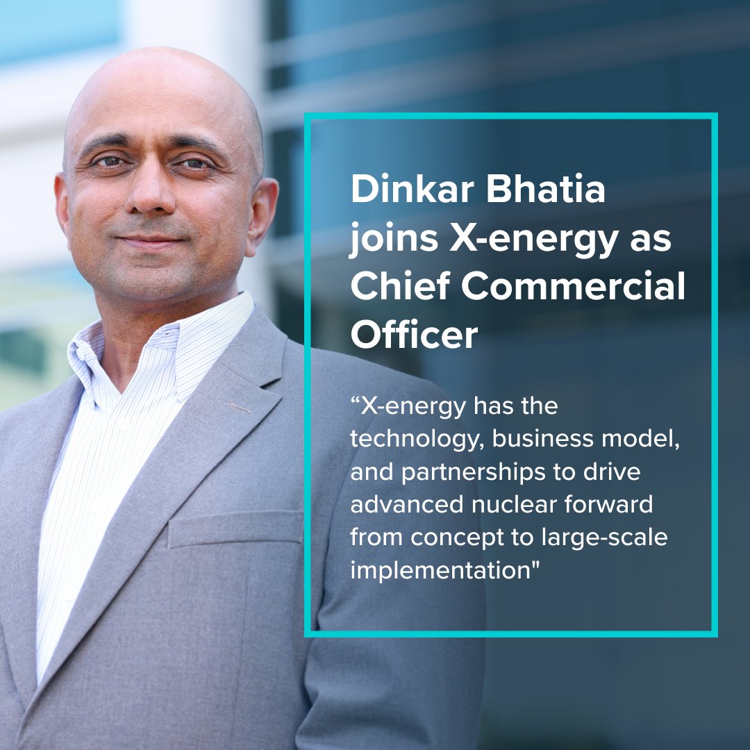 xenergynuclear's tweet image. Join us in welcoming Dinkar S. Bhatia as X-energy’s first Chief Commercial Officer! With 20+ years in energy and infrastructure, Dinkar will lead our strategy to deploy advanced nuclear tech at scale. Learn more about his role and vision:
x-energy.com/media/news-rel…