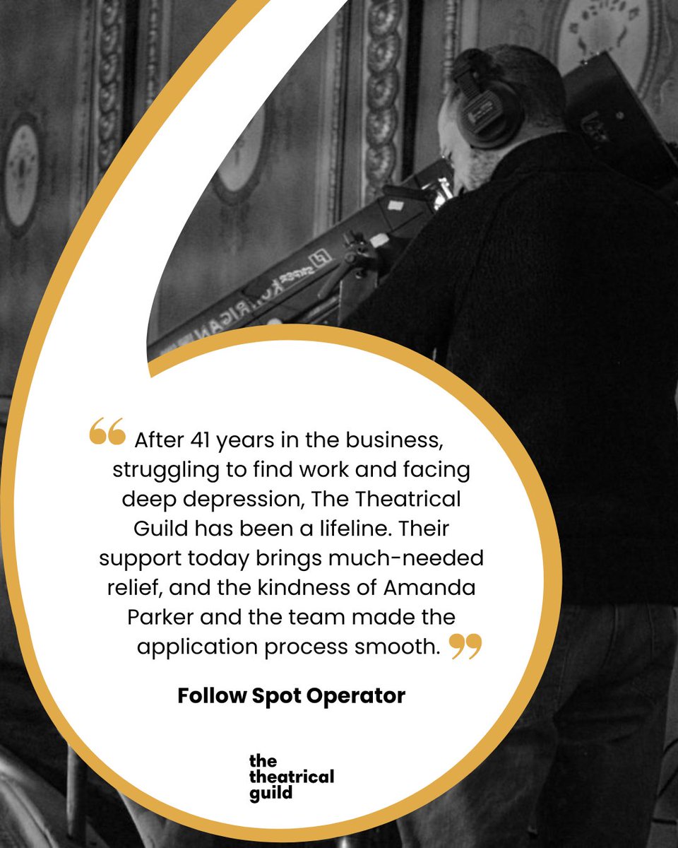 We truly appreciate feedback like this💛

From a follow spot operator with 41 years in the business, “After struggling to find work &amp; facing deep depression, TTG has been a lifeline. Their support brings much-needed relief. I’m so grateful to all who support this vital charity.”