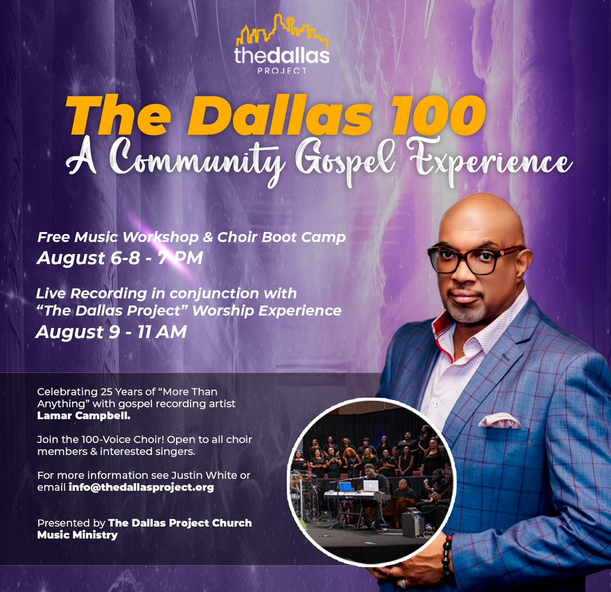 SWRCSDA's tweet image. 🎶 Join The Dallas 100 — A Community Gospel Experience!
📅 Aug 6–8 | 7PM – Free Music Workshop &amp;amp; Choir Boot Camp
🎤 Live Recording: Aug 9 | 11 AM
🎉 Celebrate 25 yrs of “More Than Anything” w/ Lamar Campbell!

Info: info@thedallasproject.org
#TheDallasProject