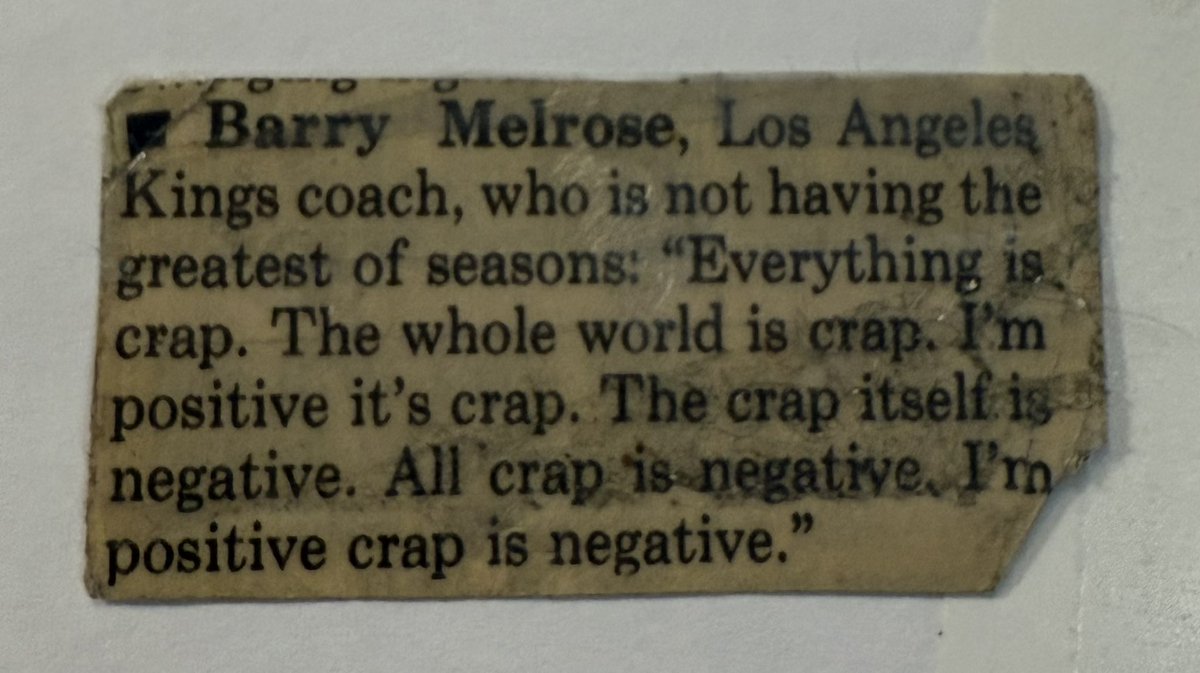 audiopanacea's tweet image. I have had this Barry Melrose quote clipped since I was a kid. Still makes me laugh.