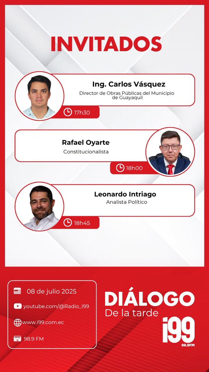 Síguenos este martes 08 de julio en la emisión del #DiálogodelaTarde a partir de las 17:30, por la señal de <a href="/Radio_i99/">Radio i99</a> y sus canales digitales.

Análisis de los temas de actualidad, con los líderes de opinión !

i99.com.ec