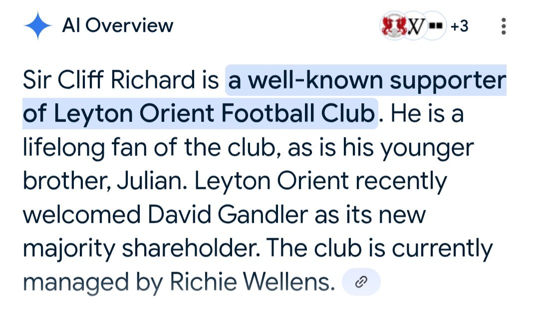 Whilst we are sure Sir Cliff would be made very welcome if he decided to visit Brisbane Rd , AI seems to be convinced he loves the Os 😁.
(Tbf he did perform at the clubs promotion party at Leyton Town Hall in 1962)