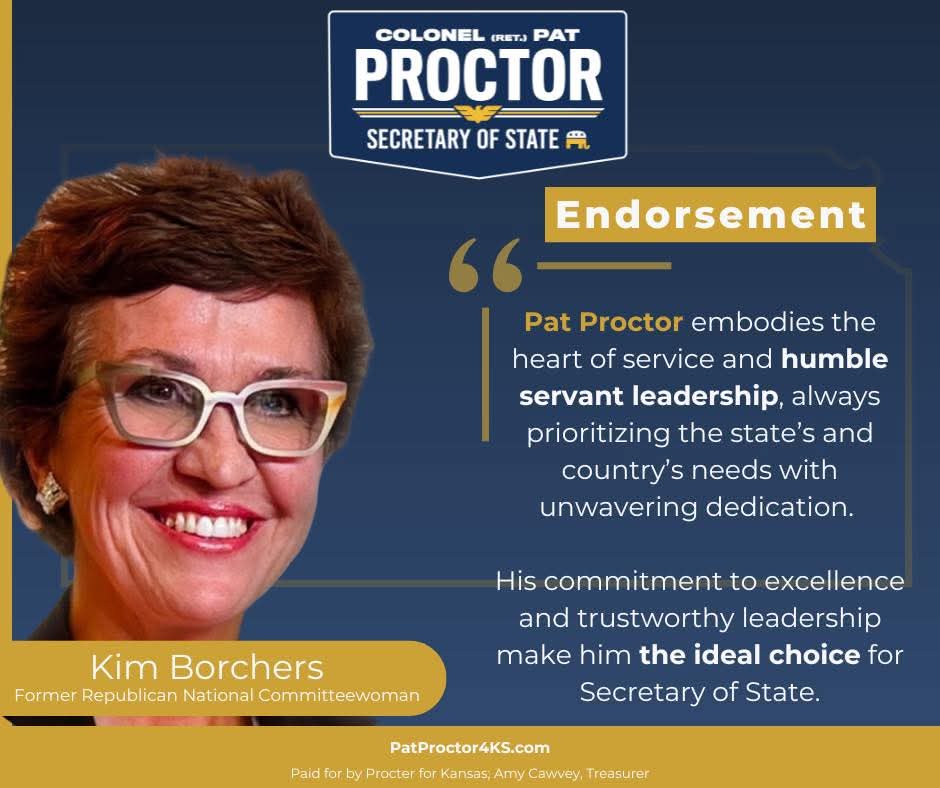 RealPatProctor's tweet image. I’m truly honored to receive your endorsement. Thank you for your support Kim Borchers!
#ksleg #kansas #ks #endorsement