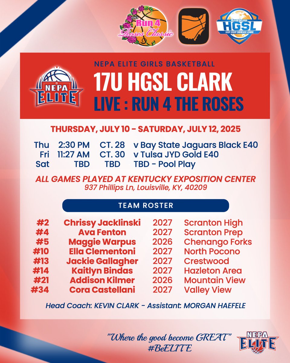 NEPA Elite Basketball (@nepa_elite) on Twitter photo 17U HGSL Clark | <a href="/TFNsRun4Roses/">TFN's Run 4 Roses</a>
📆 July 10-12
📍 Louisville, Kentucky
Schedule Drop ⬇️🌹
👥 : <a href="/Chrissy_jack2/">Chrissy Jacklinski</a> <a href="/WarpusMaggie/">Maggie Warpus</a> <a href="/clementoni_ella/">Ella Clementoni - c/o 2027</a> <a href="/KaitlynBindas14/">Kaitlyn Bindas</a> <a href="/addisonkilmer21/">Addison Kilmer</a> <a href="/Castellani34/">Cora Castellani</a>
📲 HC <a href="/Coach_Clark42/">Kevin J. Clark</a>, AC <a href="/morgan_haefele/">Morgan</a>
Proudly repping <a href="/hgsl_girls/">Hoop Group Girls</a> 🤟
#BeELITE 17U HGSL Clark | <a href="/TFNsRun4Roses/">TFN's Run 4 Roses</a>
📆 July 10-12
📍 Louisville, Kentucky
Schedule Drop ⬇️🌹
👥 : <a href="/Chrissy_jack2/">Chrissy Jacklinski</a> <a href="/WarpusMaggie/">Maggie Warpus</a> <a href="/clementoni_ella/">Ella Clementoni - c/o 2027</a> <a href="/KaitlynBindas14/">Kaitlyn Bindas</a> <a href="/addisonkilmer21/">Addison Kilmer</a> <a href="/Castellani34/">Cora Castellani</a>
📲 HC <a href="/Coach_Clark42/">Kevin J. Clark</a>, AC <a href="/morgan_haefele/">Morgan</a>
Proudly repping <a href="/hgsl_girls/">Hoop Group Girls</a> 🤟
#BeELITE