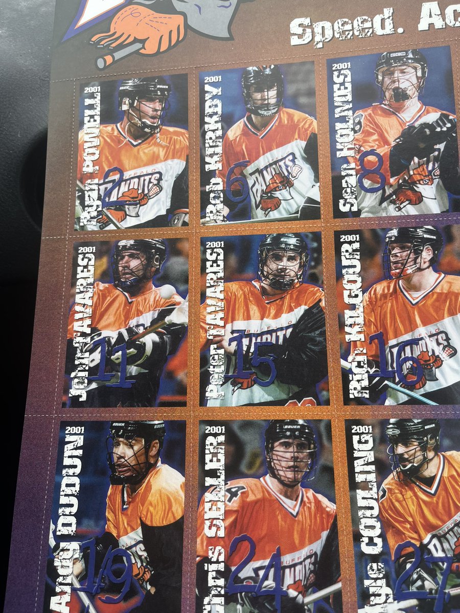 mattylax10's tweet image. What a lucky find for myself…wow. An UNCUT sheet of 2001 Team Issued Buffalo Bandits Cards!! John Tavares, Ryan Powell, Chris Driscoll, Mike Accursi, Rich Kilgour, the list goes on…wow. @NLL @NLLHistory @NLLBandits @LaxBrand @ryanpowell22 @johnlax11