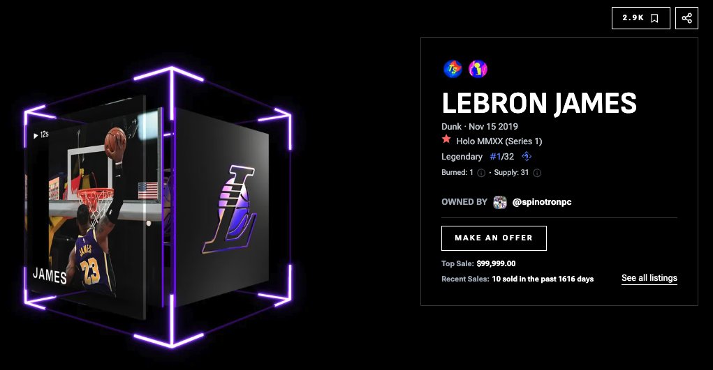 The #1 serial Legendary Holo MMXX Lebron James moment just sold for $65,642 🤯

Notably, the buyer was collector @spinotronPC making their NBA Top Shot debut