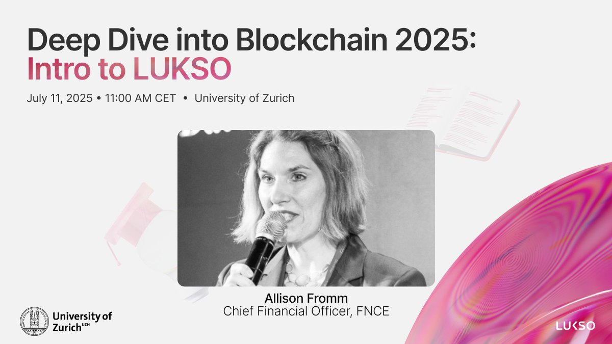 As part of the LUKSO On Campus initiative, Allison Fromm, CFO of <a href="/LUKSOFoundation/">FNCΞ</a>, will give an "Intro to LUKSO" talk at <a href="/UZH_en/">University of Zurich</a> International Summer School: Deep Dive into Blockchain 2025.

🗓️ July 11 at 11:00 AM CET

More here: blockchain.uzh.ch/courses/ddib25/