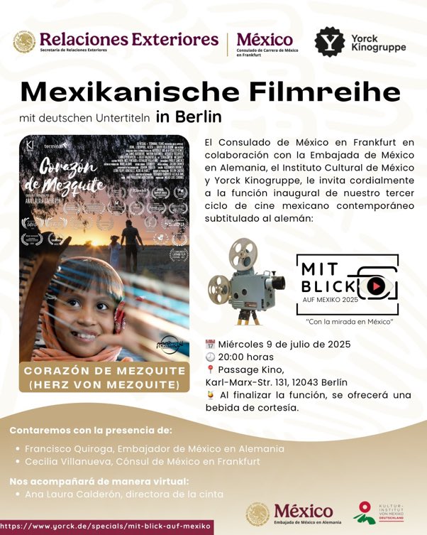 👀 No te pierdas mañana 9 julio en Yorck Kinos Berlín !!! función de cine en español con subtítulos en alemán 
🎞️🫀Corazón de Mezquite de la directora <a href="/analauracalder/">Ana Laura Calderón</a>
📅9 de julio- 20hrs en 
📍Passage Kino Berlín 
Con muchas sorpresas!!!  

🎟️ℹ️: yorck.de/specials/mit-b…