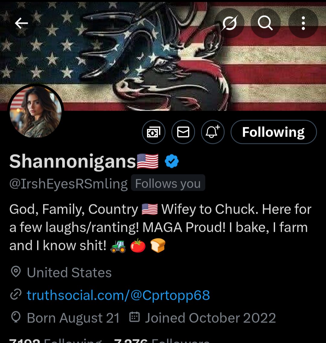 Hello friends! 
Meet my friend <a href="/IrshEyesRSmling/">Shannonigans🇺🇲</a> 
She's a great patriot, she engages, she is hilarious, and she is my friend. 
Let's make her smile today! 
One team, One fight! 🇺🇲