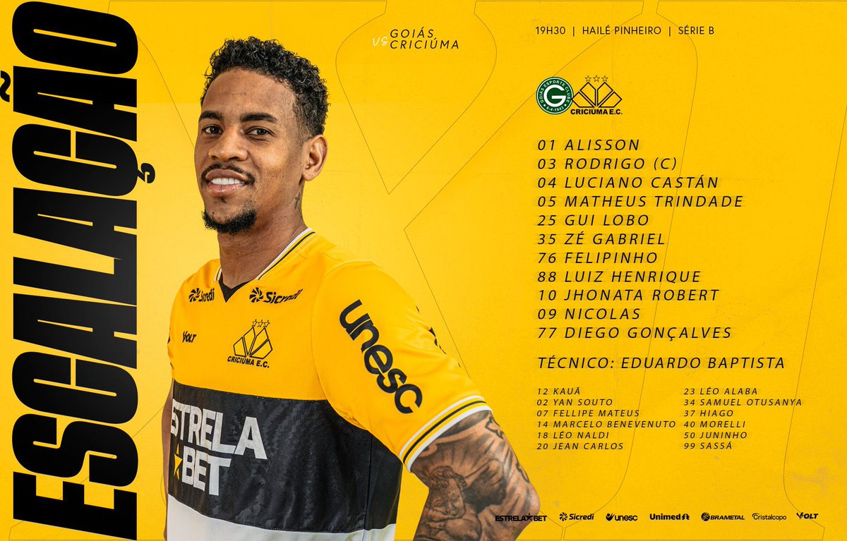 Os 11 Titulares Para o Jogo Contra o Goiás! 🗒️🐯

Quem está fora: Marcinho (expulso); Thales (DM).

Pendurados: Diego Gonçalves, Morelli, Matheus Trindade, Rodrigo, Sassá.

#CriciúmaEC
#GOIxCRI