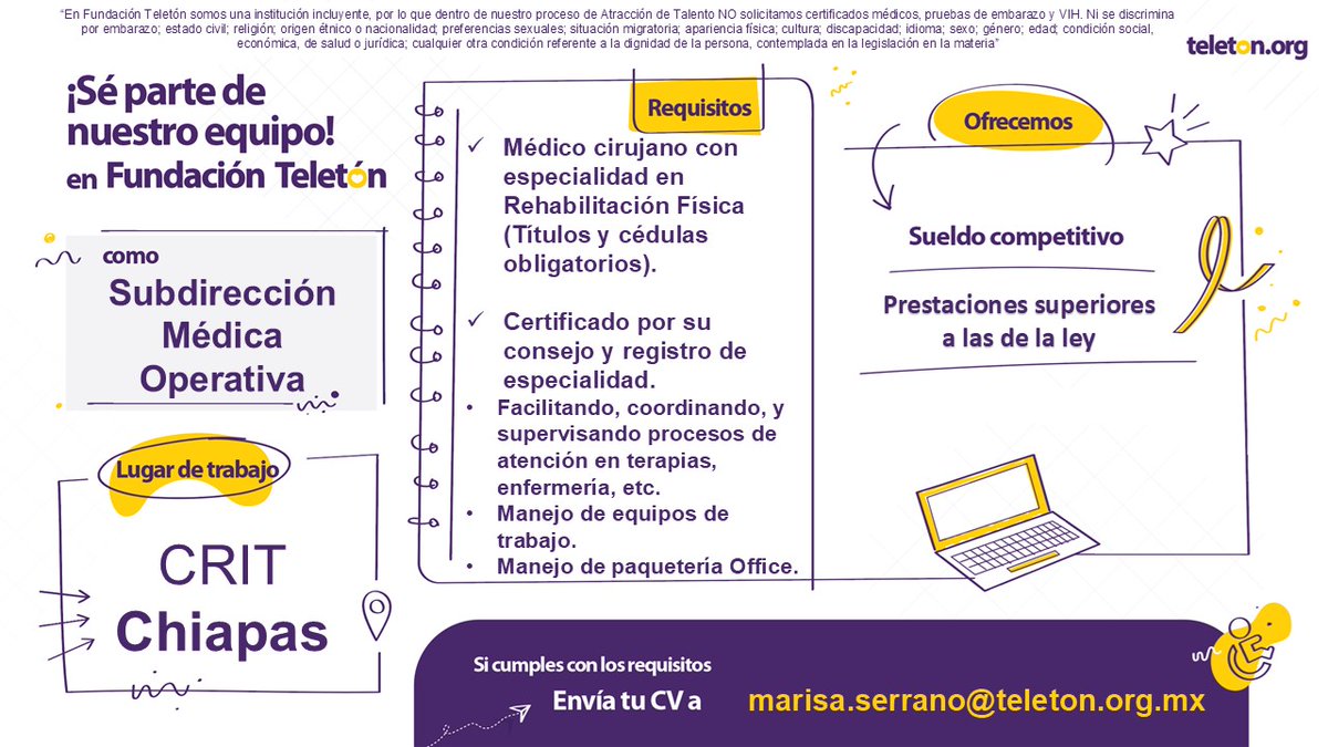 🎯 ¡ÚNETE AL EQUIPO CRIT CHIAPAS!

¿Quieres formar parte de una causa que transforma vidas?

En Teletón buscamos personas con vocación, compromiso y pasión por el servicio.

📩 Envía tu currículum a: marisa.serrano@teleton.org.mx