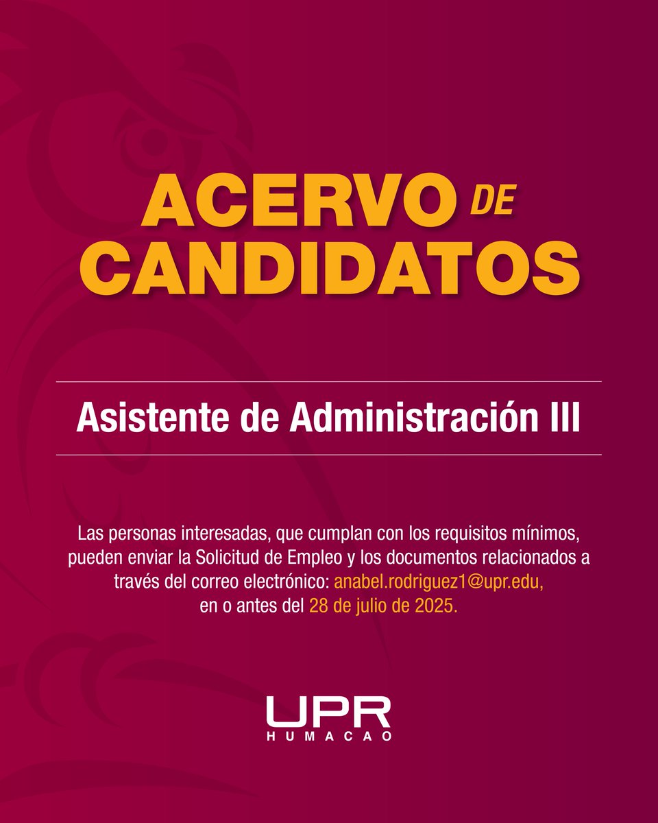 La Oficina de Administración y Desarrollo del Talento Humano de la #UPRH anuncia Acervo de Candidatos de Asistente de Administración III para el Centro de servicios integrales para personas sin hogar del Departamento de Trabajo Social.

Más detalles:
drive.google.com/file/d/1oBv7uK…