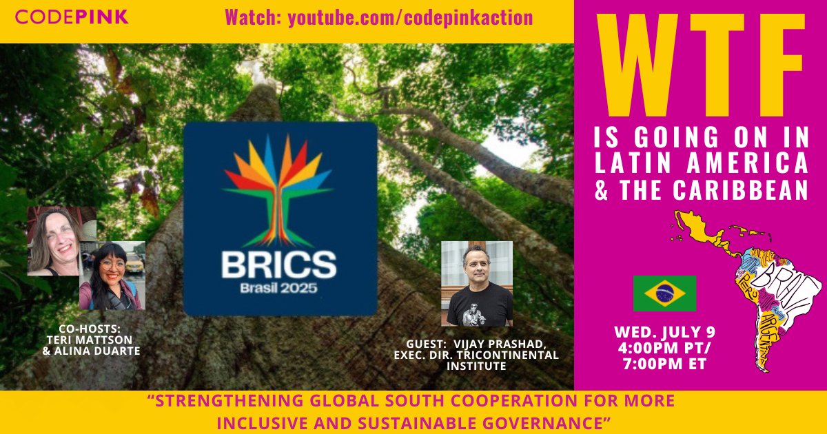 Teri Mattson (@hey_ter) on Twitter photo Tomorrow night (7pm ET) on <a href="/codepink/">CODEPINK</a> YouTube Live a special edition of WTF is Going on in Latin America & the Caribbean. Join <a href="/AlinaDuarte_/">alina Éuarte</a> <a href="/hey_ter/">Teri Mattson</a> & <a href="/vijayprashad/">Vijay Prashad</a> of <a href="/tri_continental/">Tricontinental Institute for Social Research</a> in conversation about the BRICS 2025 SummitđYT @codepinkaction Tomorrow night (7pm ET) on <a href="/codepink/">CODEPINK</a> YouTube Live a special edition of WTF is Going on in Latin America & the Caribbean. Join <a href="/AlinaDuarte_/">alina Éuarte</a> <a href="/hey_ter/">Teri Mattson</a> & <a href="/vijayprashad/">Vijay Prashad</a> of <a href="/tri_continental/">Tricontinental Institute for Social Research</a> in conversation about the BRICS 2025 SummitđYT @codepinkaction
