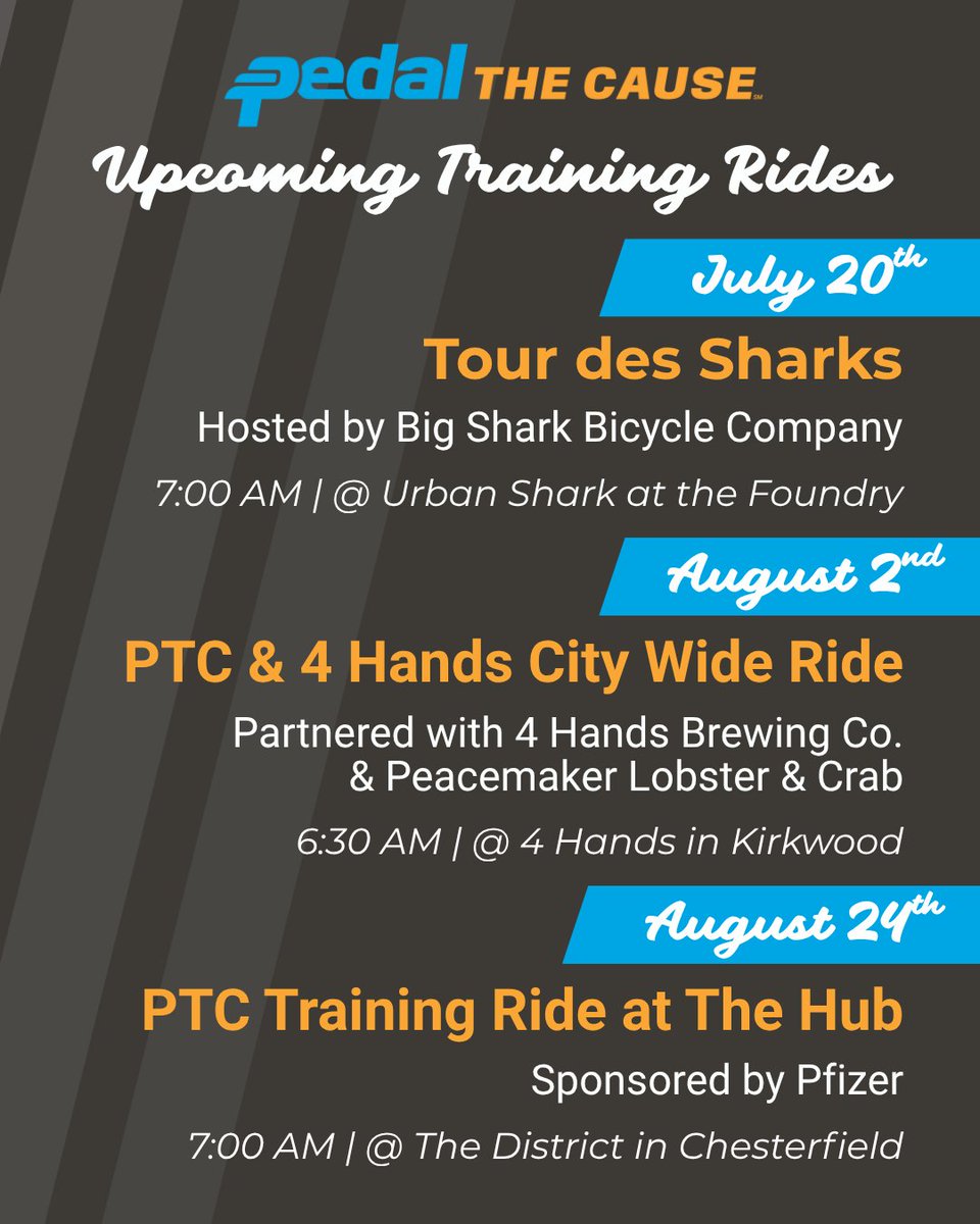 Join us for one or all of our upcoming training rides in preparation for PTC 2025. Training Rides are your chance to build strength &amp; community on the road before Pedal weekend. FREE to all PTC participants, but registration is REQUIRED. Learn more: bit.ly/4lGkRp8