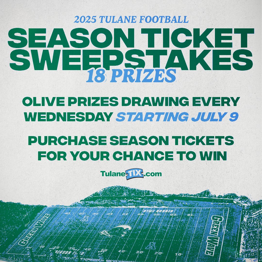 GreenWaveFB's tweet image. Get your season tickets now and you’ll be entered into the Season Ticket Sweepstakes for a chance to win great prizes! The earlier you purchase, the more chances to win! 🎁
🎟️ tulanegreenwave.evenue.net/events/FBST
#UptownFootball #RollWave