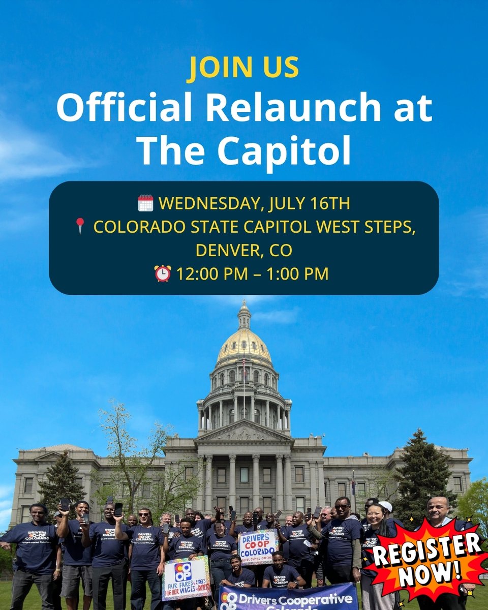 🎉 Join our LAUNCH at the Capitol:
📅 July 16, 12PM–1PM
📍 200 E Colfax Ave, Denver
Wear your COOP t-shirt &amp; show up proud 💙
👉 RSVP NOW: f.mtr.cool/wqggsmubqw

💛 Riders: Support the movement—donate today:
f.mtr.cool/lzhwuognpr
#DriverOwned #RideshareRevolution #CoopPower